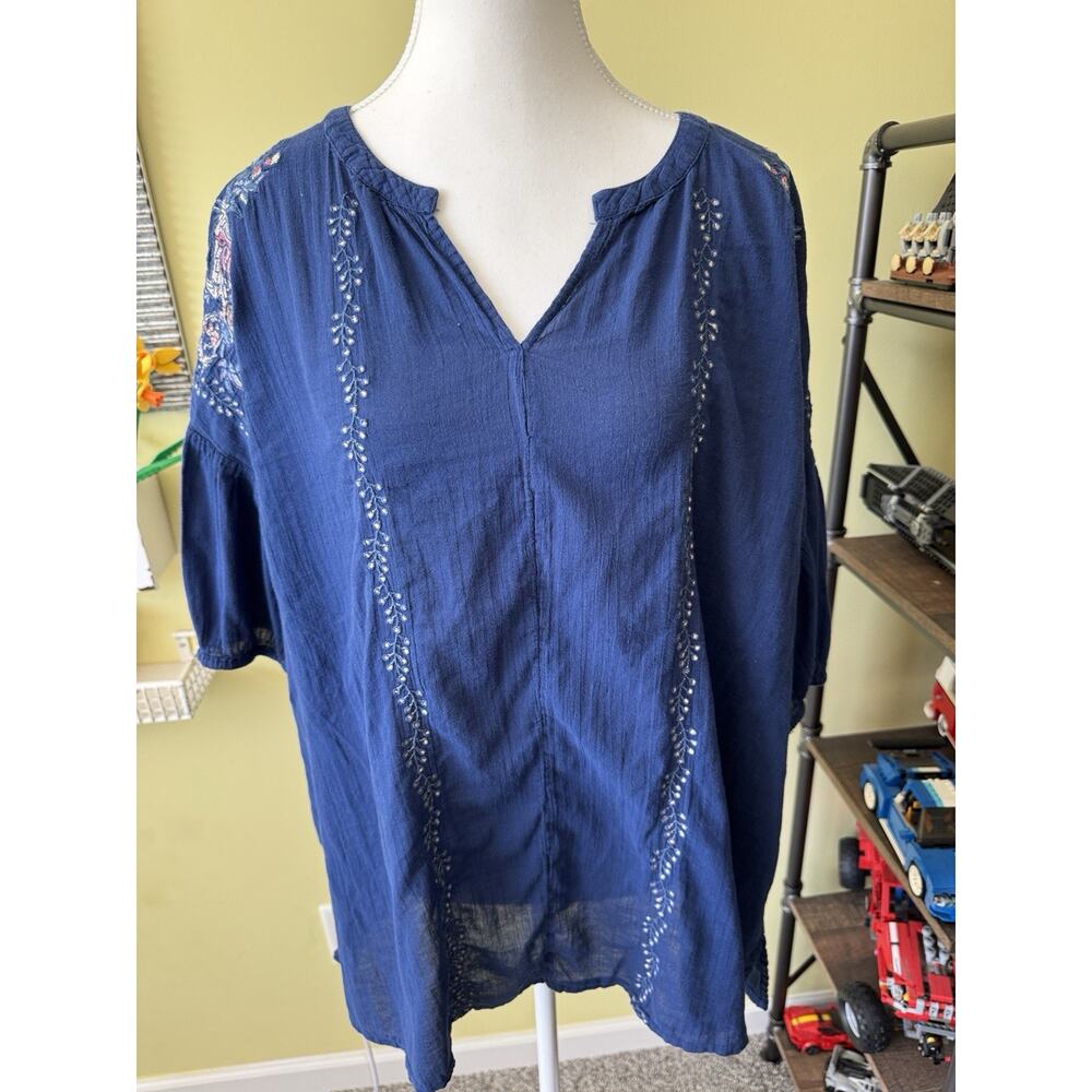 Liz Claiborne XL Blue Embroidered Boho Peasant Top 100% Cotton Tassel Sleeve